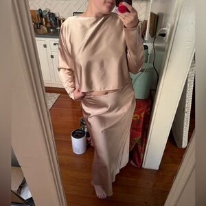 Antonio Melani Blakely coordinating A-line satin skirt with boat neck L/S blouse